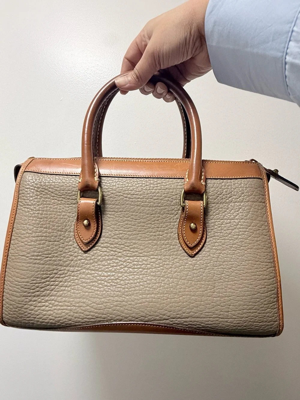 Vintage Dooney & Bourke Taupe Pebbled Leather Satchel with Tan Trim